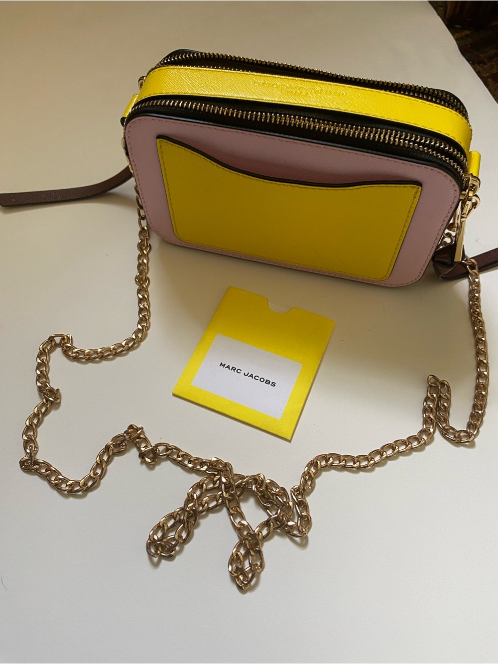 Marc Jacobs The Snapshot Yellow Brown Pink Leather Camera Bag w gold chain